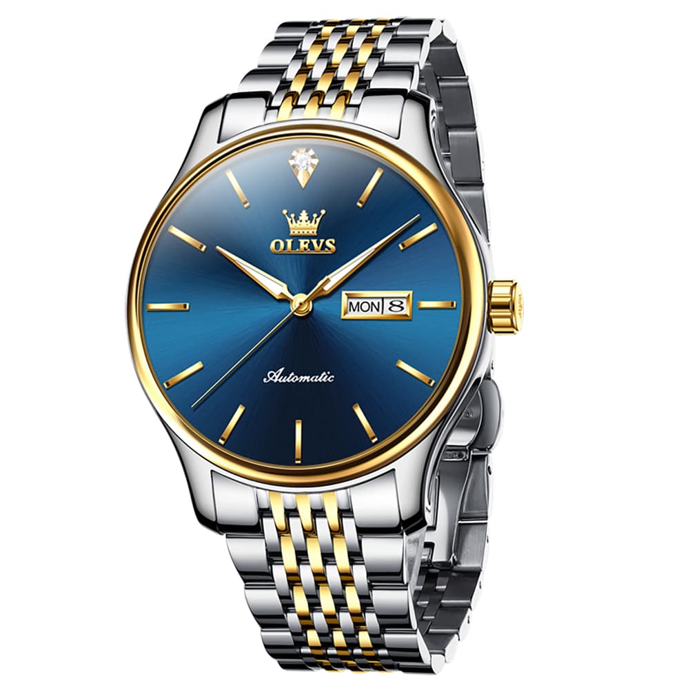 OLEVS Minimalist Diamond Dial Day Date Automatic Watch 9960 for Men - Two Tone Blue Watch | Olevs Watch Store