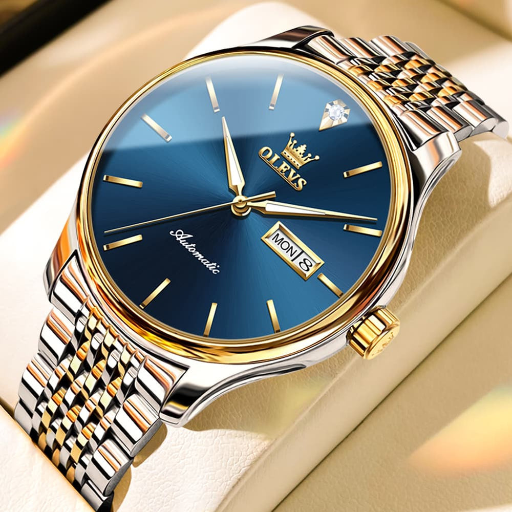 OLEVS Minimalist Diamond Dial Day Date Automatic Watch 9960 for Men - Two Tone Blue Watch | Olevs Watch Store