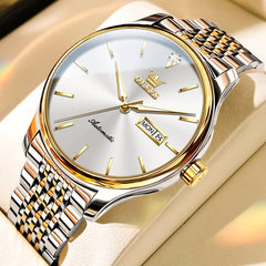 OLEVS Minimalist Diamond Dial Day Date Automatic Watch 9960 for Men - Two Tone White Watch | Olevs Watch Store