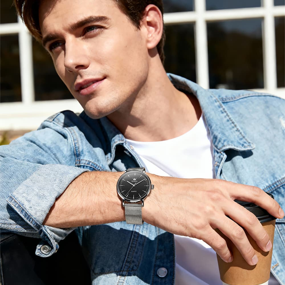 OLEVS Minimalist Ultra Thin Mesh Quartz Watch 7125 for Men - Black White Watch | Olevs Watch Store