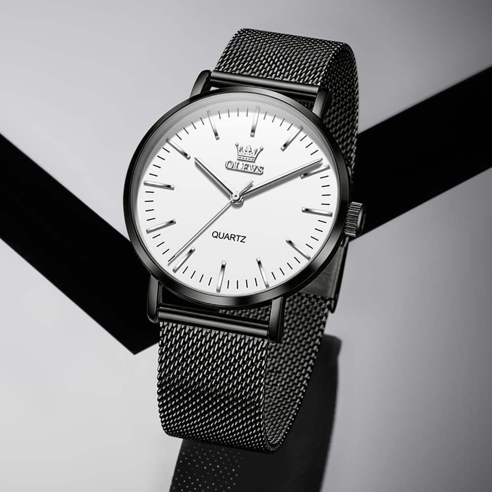 OLEVS Minimalist Ultra Thin Mesh Quartz Watch 7125 for Men - Black White Watch | Olevs Watch Store