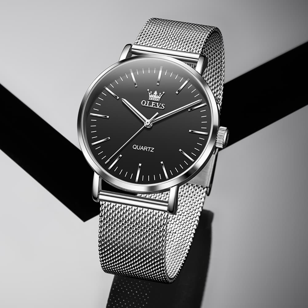 OLEVS Minimalist Ultra Thin Mesh Quartz Watch 7125 for Men - Black White Watch | Olevs Watch Store