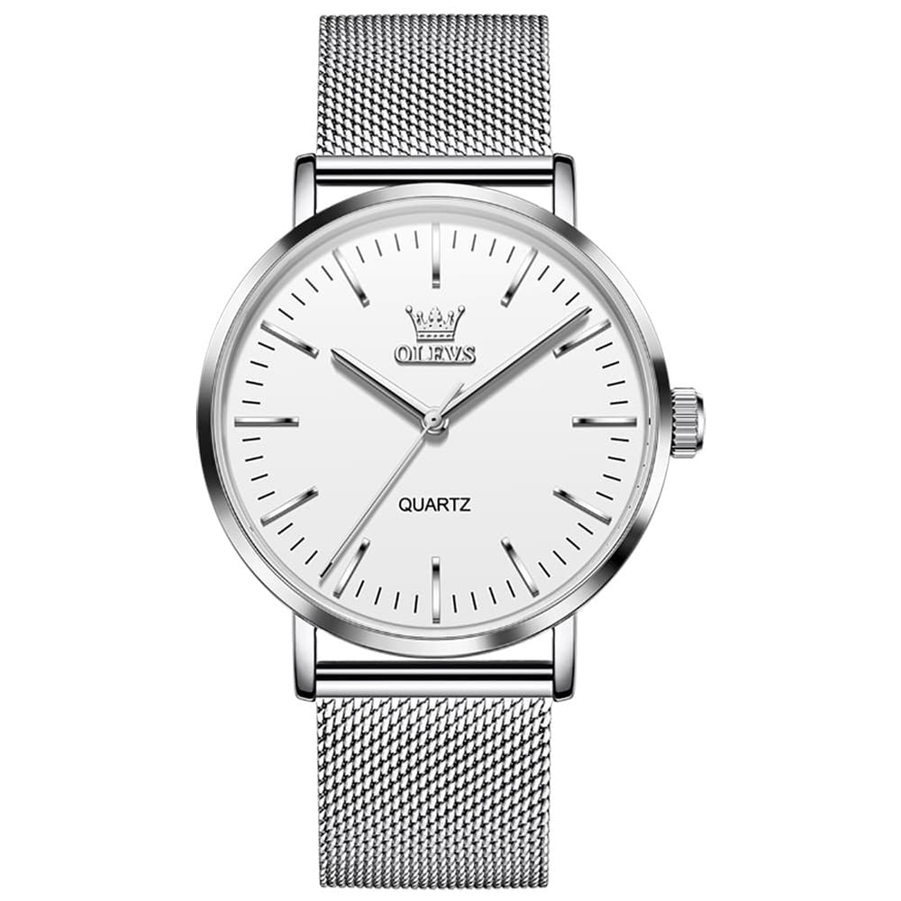 OLEVS Minimalist Ultra Thin Mesh Quartz Watch 7125 for Men - Silver White Watch | Olevs Watch Store