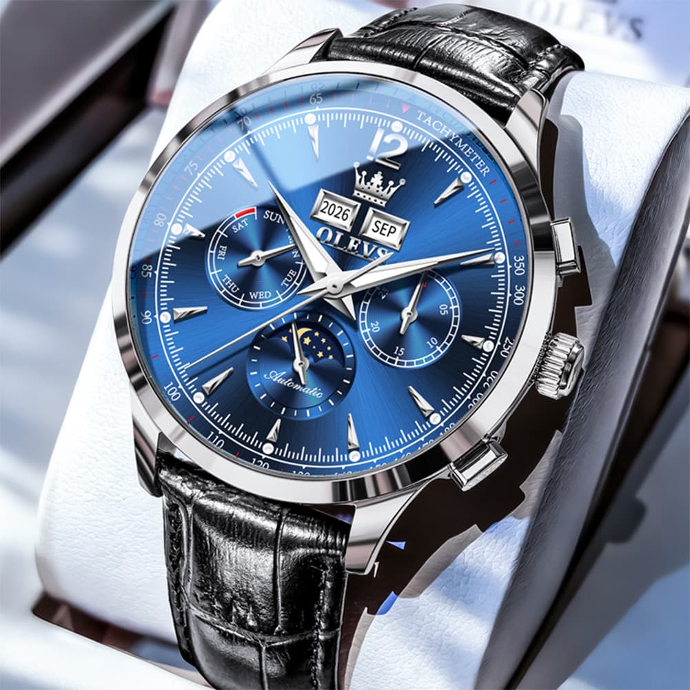 OLEVS Moon Phase Automatic Mechanical Watch 7128 Leather Strap for Men - Black Blue Watch | Olevs Watch Store