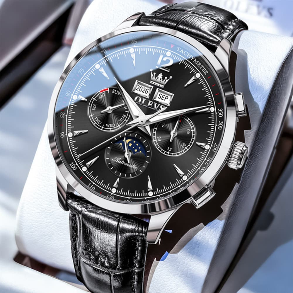 OLEVS Moon Phase Automatic Mechanical Watch 7128 Leather Strap for Men - Black Silver Watch | Olevs Watch Store