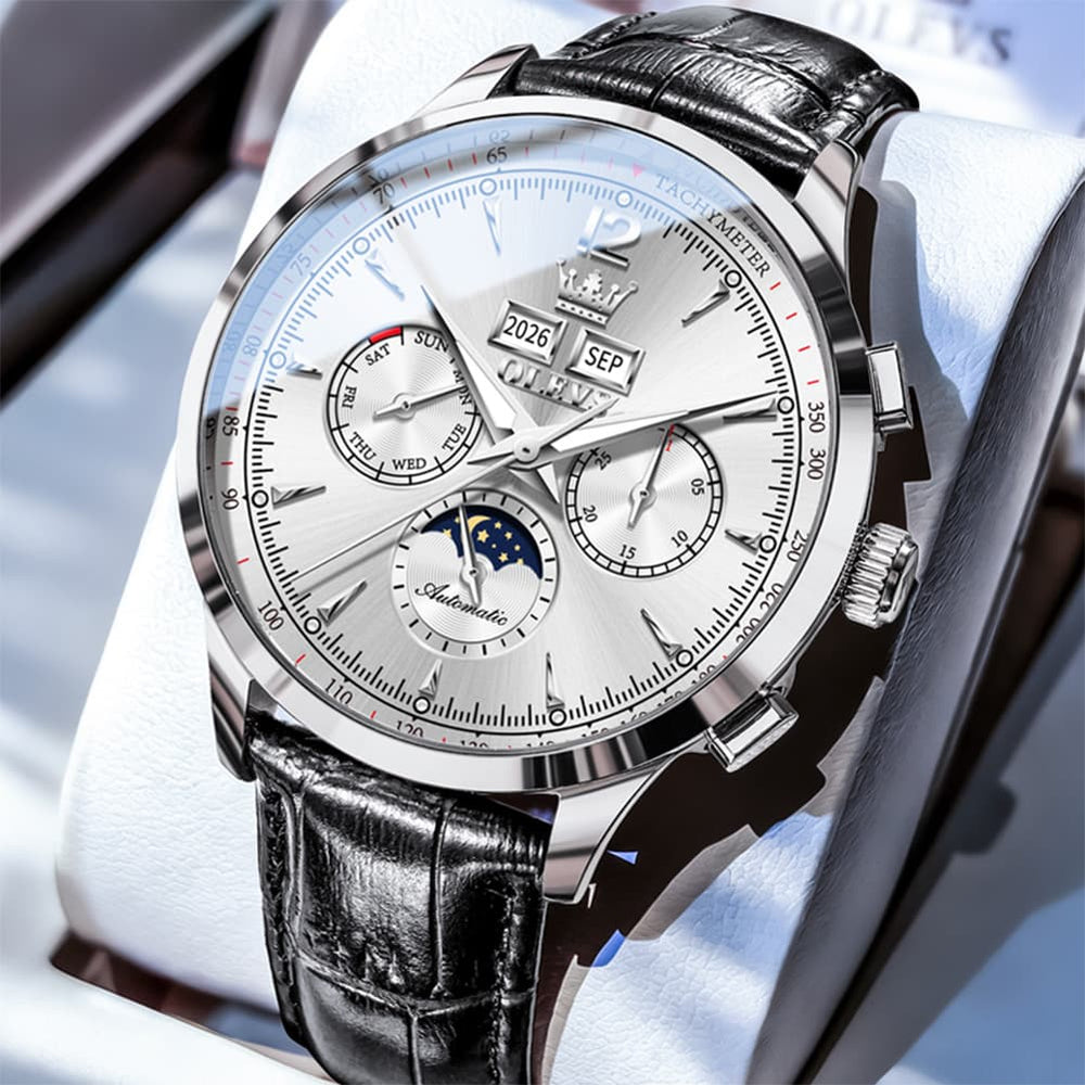 OLEVS Moon Phase Automatic Mechanical Watch 7128 Leather Strap for Men - Black White Watch | Olevs Watch Store