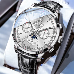 OLEVS Moon Phase Automatic Mechanical Watch 7128 Leather Strap for Men - Black White Watch | Olevs Watch Store