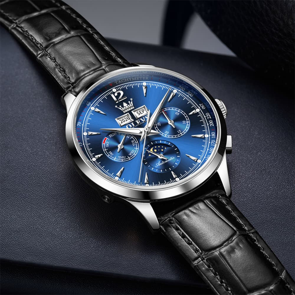 OLEVS Moon Phase Automatic Mechanical Watch 7128 Leather Strap for Men - Brown Gold Watch | Olevs Watch Store