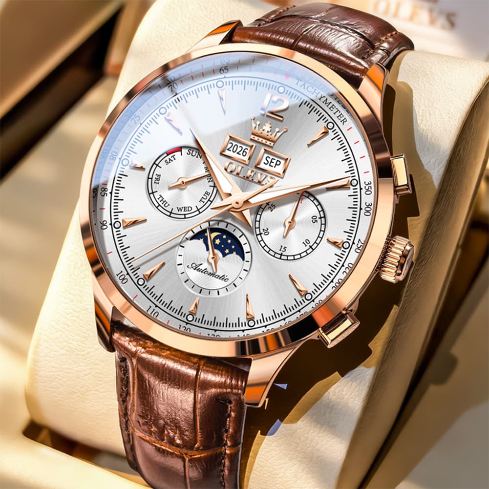 OLEVS Moon Phase Automatic Mechanical Watch 7128 Leather Strap for Men - Brown Gold Watch | Olevs Watch Store