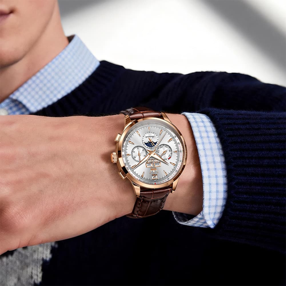 OLEVS Moon Phase Automatic Mechanical Watch 7128 Leather Strap for Men - Brown Gold Watch | Olevs Watch Store