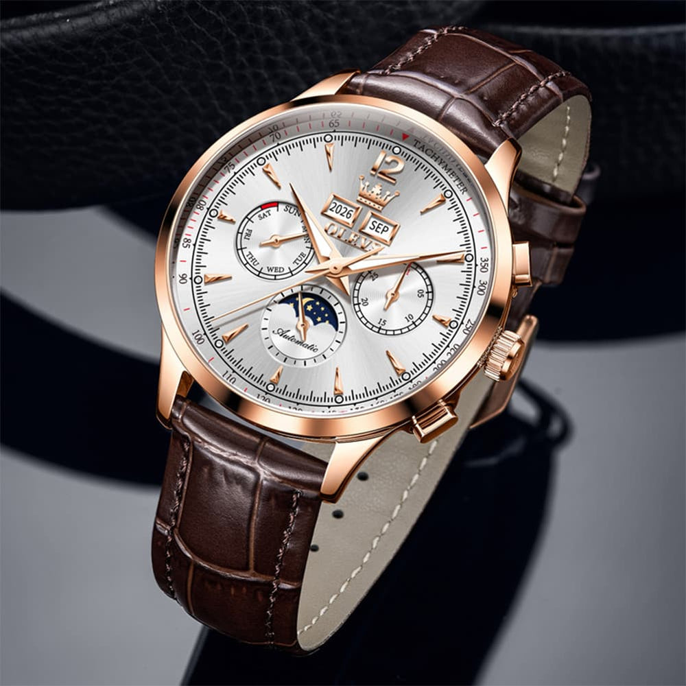 OLEVS Moon Phase Automatic Mechanical Watch 7128 Leather Strap for Men - Brown Gold Watch | Olevs Watch Store