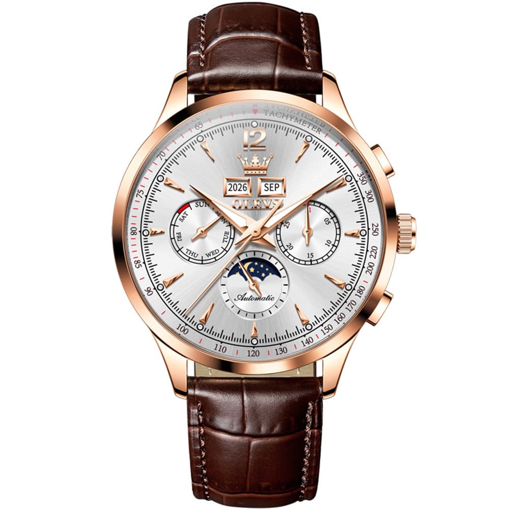 OLEVS Moon Phase Automatic Mechanical Watch 7128 Leather Strap for Men - Brown Gold Watch | Olevs Watch Store