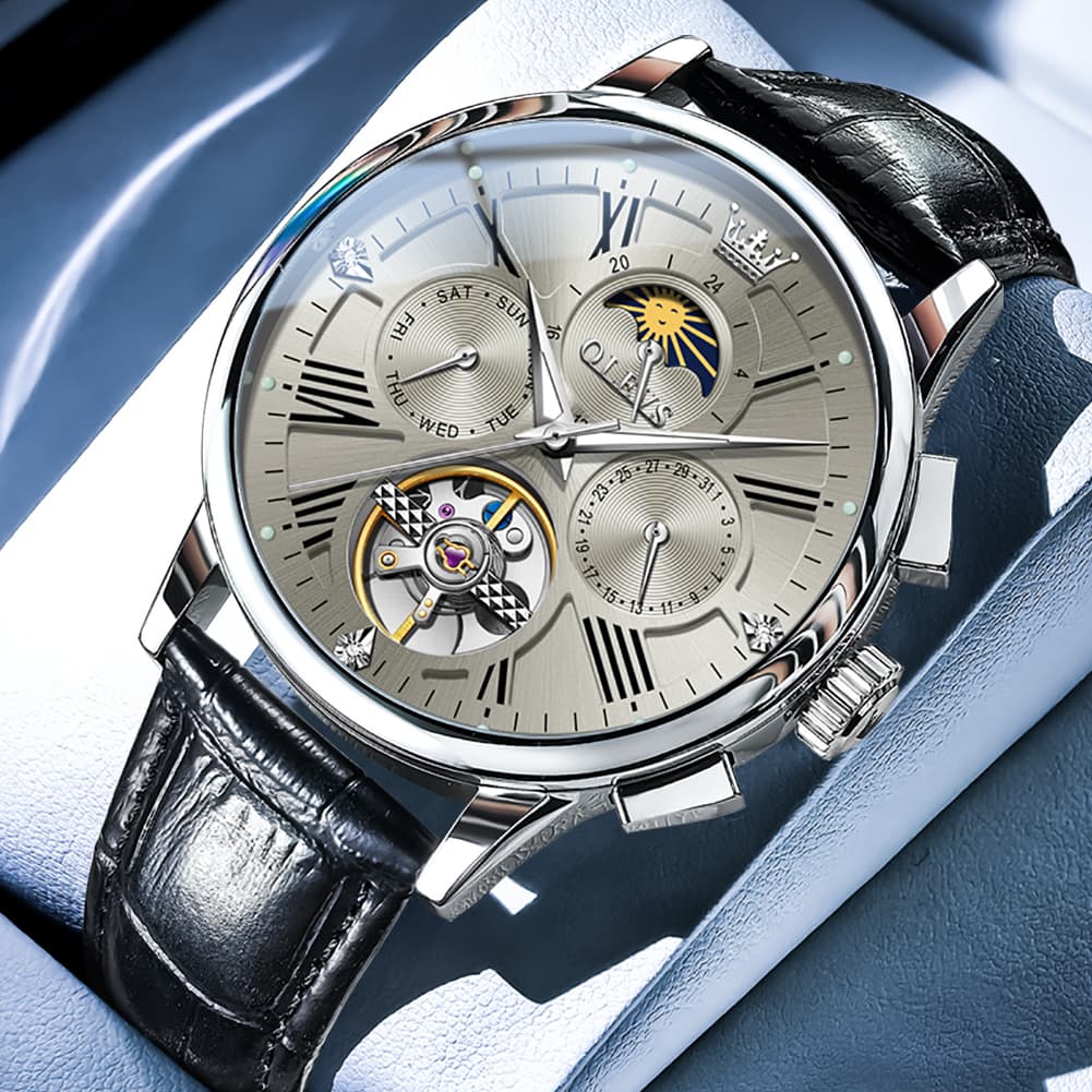 OLEVS Moon Phase Open Heart Automatic Mechanical Watch 9912 Leather Strap for Men - Black Grey Watch | Olevs Watch Store