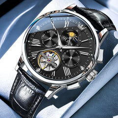 OLEVS Moon Phase Open Heart Automatic Mechanical Watch 9912 Leather Strap for Men - Black Silver Watch | Olevs Watch Store