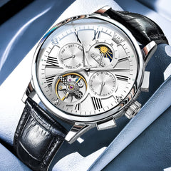 OLEVS Moon Phase Open Heart Automatic Mechanical Watch 9912 Leather Strap for Men - Black White Watch | Olevs Watch Store