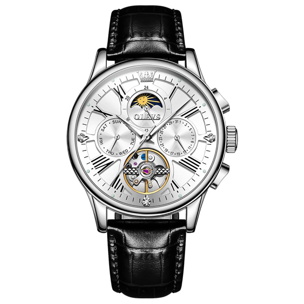 OLEVS Moon Phase Open Heart Automatic Mechanical Watch 9912 Leather Strap for Men - All black Watch | Olevs Watch Store