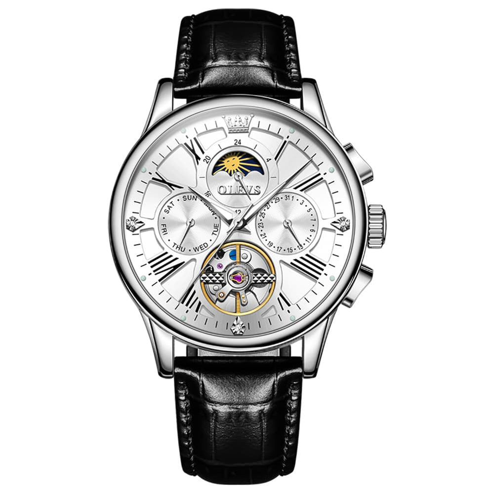 OLEVS Moon Phase Open Heart Automatic Mechanical Watch 9912 Leather Strap for Men - All black Watch | Olevs Watch Store