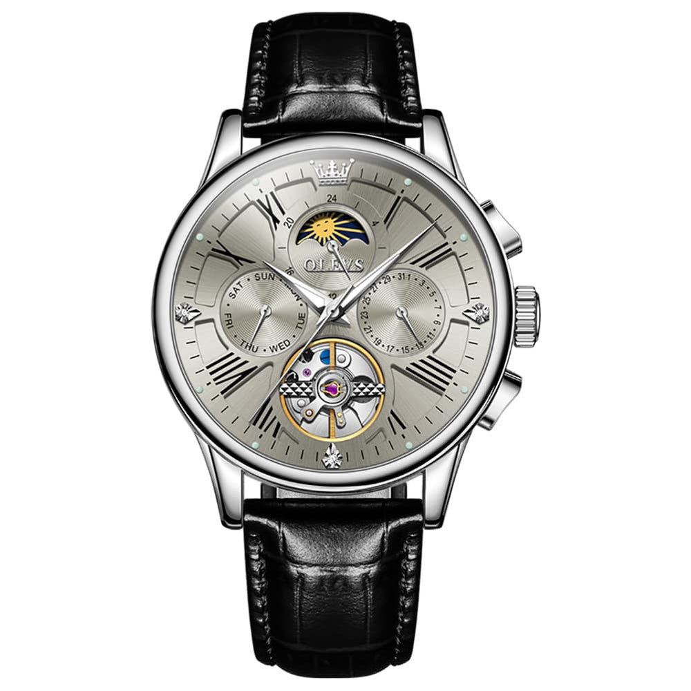 OLEVS Moon Phase Open Heart Automatic Mechanical Watch 9912 Leather Strap for Men - All black Watch | Olevs Watch Store