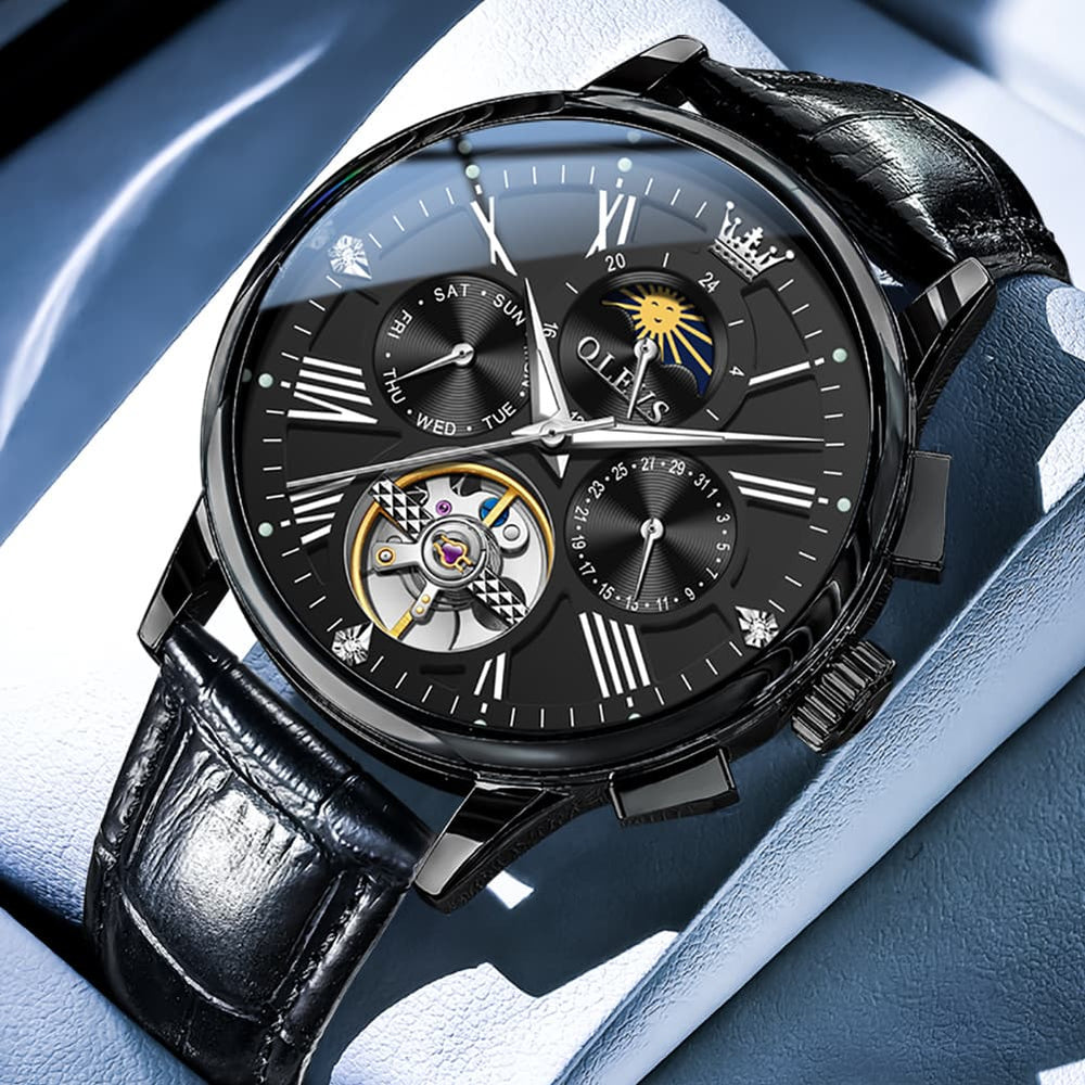 OLEVS Moon Phase Open Heart Automatic Mechanical Watch 9912 Leather Strap for Men - All black Watch | Olevs Watch Store