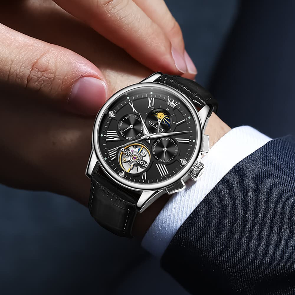 OLEVS Moon Phase Open Heart Automatic Mechanical Watch 9912 Leather Strap for Men - All black Watch | Olevs Watch Store