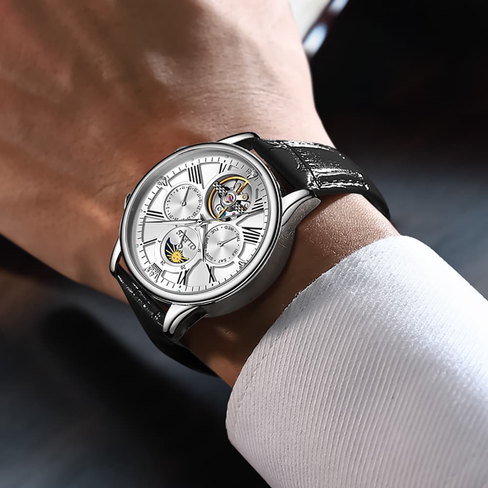 OLEVS Moon Phase Open Heart Automatic Mechanical Watch 9912 Leather Strap for Men - All black Watch | Olevs Watch Store
