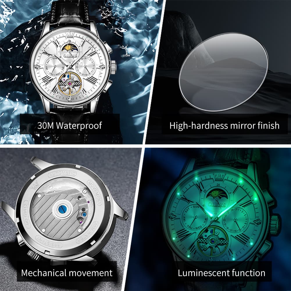 OLEVS Moon Phase Open Heart Automatic Mechanical Watch 9912 Leather Strap for Men - All black Watch | Olevs Watch Store