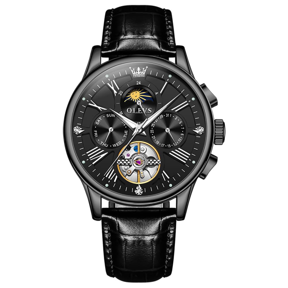 OLEVS Moon Phase Open Heart Automatic Mechanical Watch 9912 Leather Strap for Men - All black Watch | Olevs Watch Store