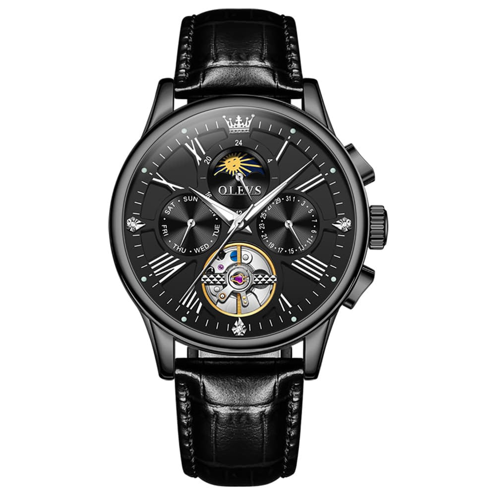 OLEVS Moon Phase Open Heart Automatic Mechanical Watch 9912 Leather Strap for Men - All black Watch | Olevs Watch Store