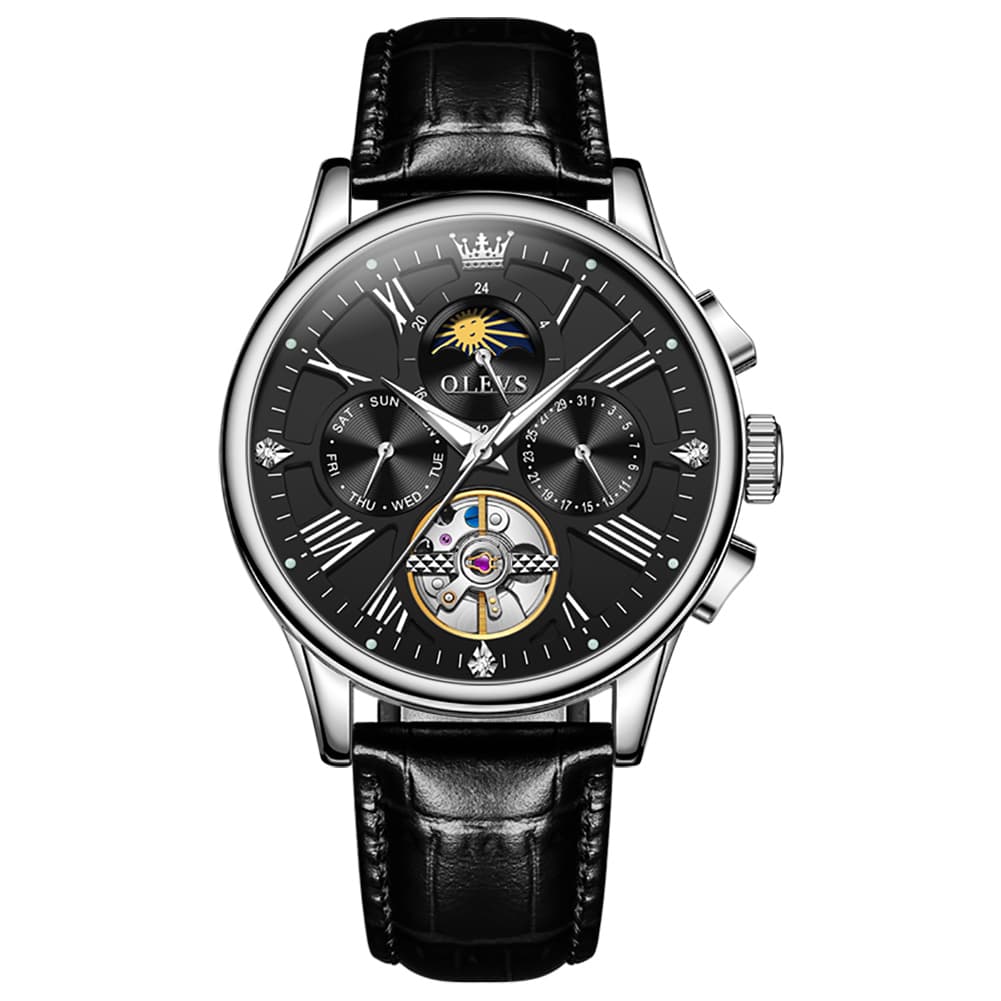 OLEVS Moon Phase Open Heart Automatic Mechanical Watch 9912 Leather Strap for Men - All black Watch | Olevs Watch Store