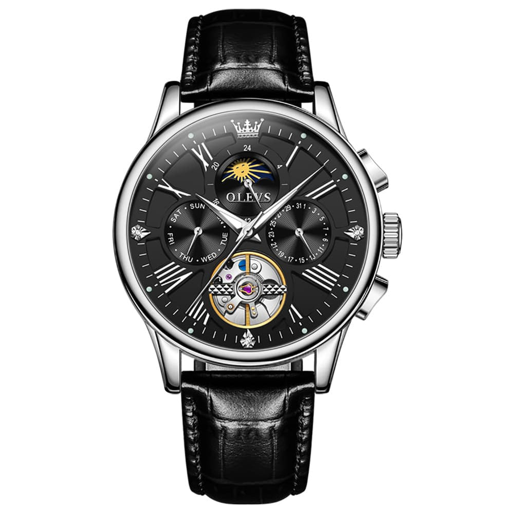 OLEVS Moon Phase Open Heart Automatic Mechanical Watch 9912 Leather Strap for Men - All black Watch | Olevs Watch Store