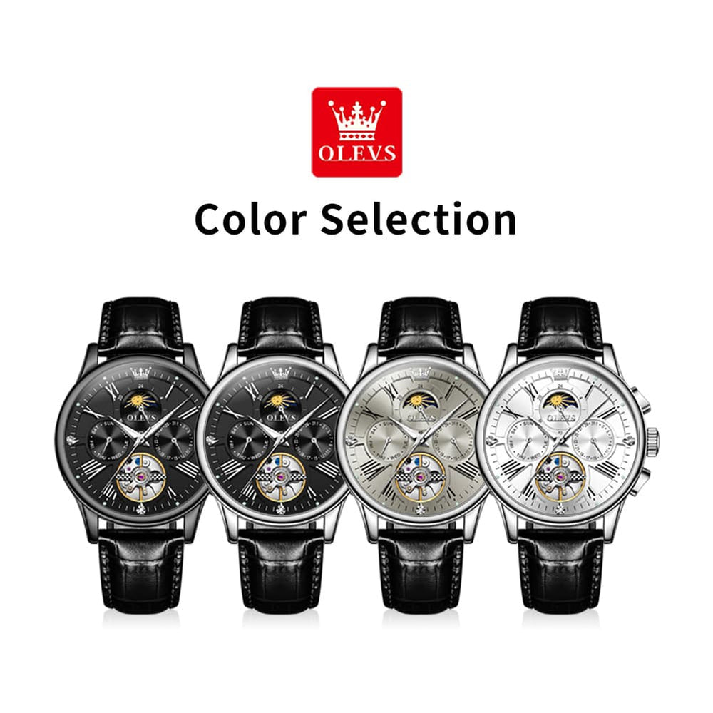 OLEVS Moon Phase Open Heart Automatic Mechanical Watch 9912 Leather Strap for Men - All black Watch | Olevs Watch Store