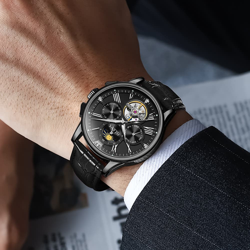 OLEVS Moon Phase Open Heart Automatic Mechanical Watch 9912 Leather Strap for Men - All black Watch | Olevs Watch Store