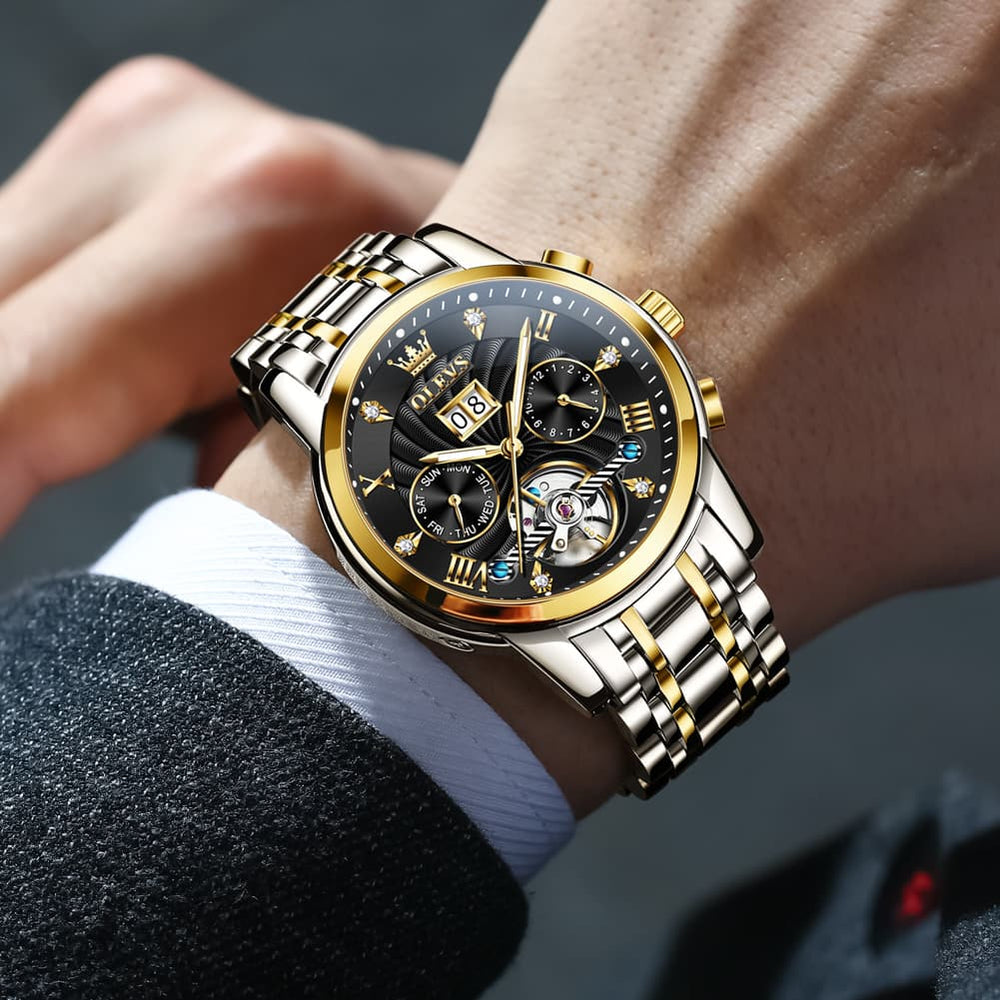 OLEVS Open Heart Multifunction Automatic Mechanical Watch 9910 Big Date for Men - All Black Watch | Olevs Watch Store