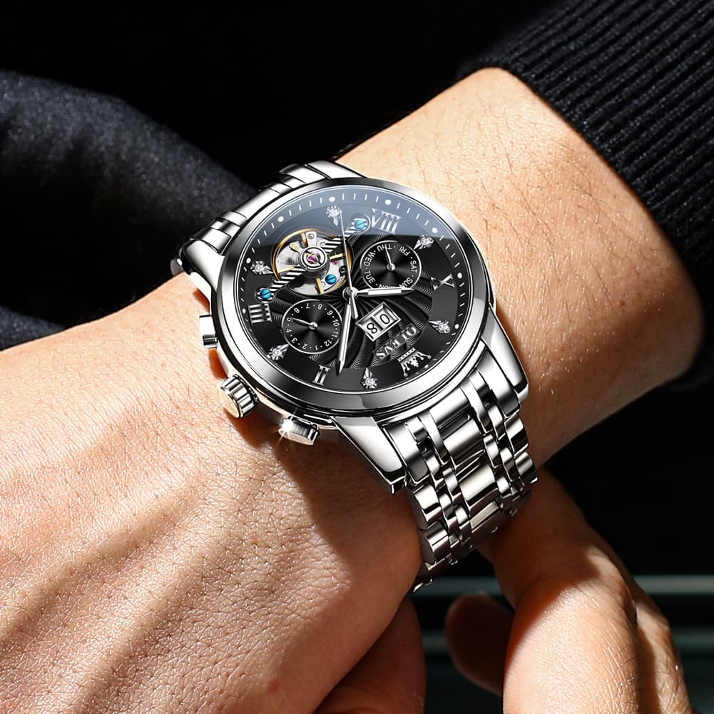 OLEVS Open Heart Multifunction Automatic Mechanical Watch 9910 Big Date for Men - All Black Watch | Olevs Watch Store
