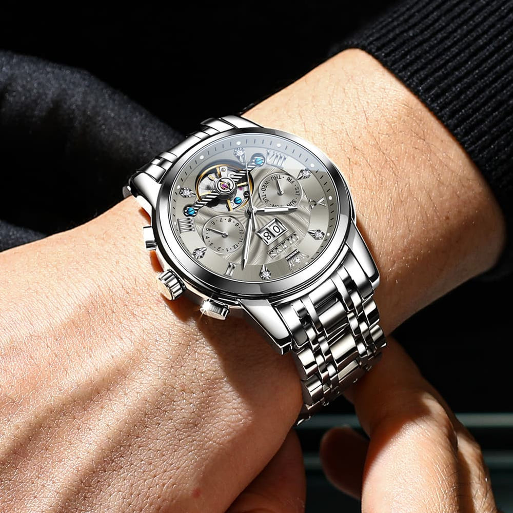 OLEVS Open Heart Multifunction Automatic Mechanical Watch 9910 Big Date for Men - All Black Watch | Olevs Watch Store