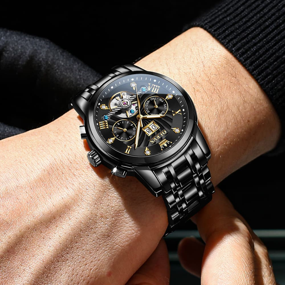 OLEVS Open Heart Multifunction Automatic Mechanical Watch 9910 Big Date for Men - All Black Watch | Olevs Watch Store