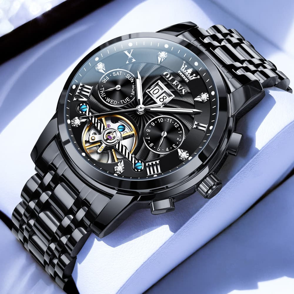 OLEVS Open Heart Multifunction Automatic Mechanical Watch 9910 Big Date for Men - All Black Watch | Olevs Watch Store