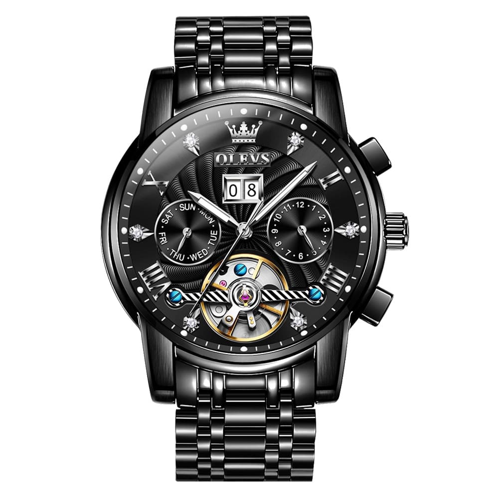 OLEVS Open Heart Multifunction Automatic Mechanical Watch 9910 Big Date for Men - All Black Watch | Olevs Watch Store