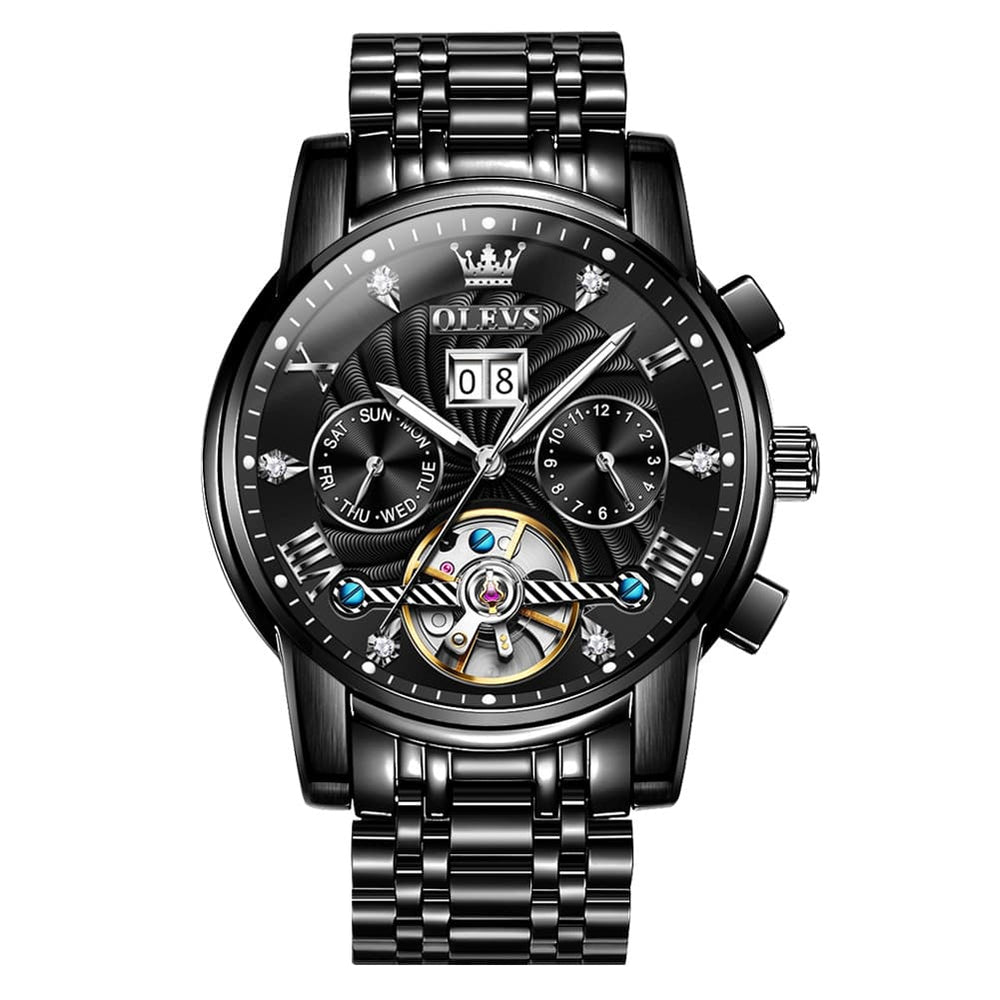 OLEVS Open Heart Multifunction Automatic Mechanical Watch 9910 Big Date for Men - All Black Watch | Olevs Watch Store