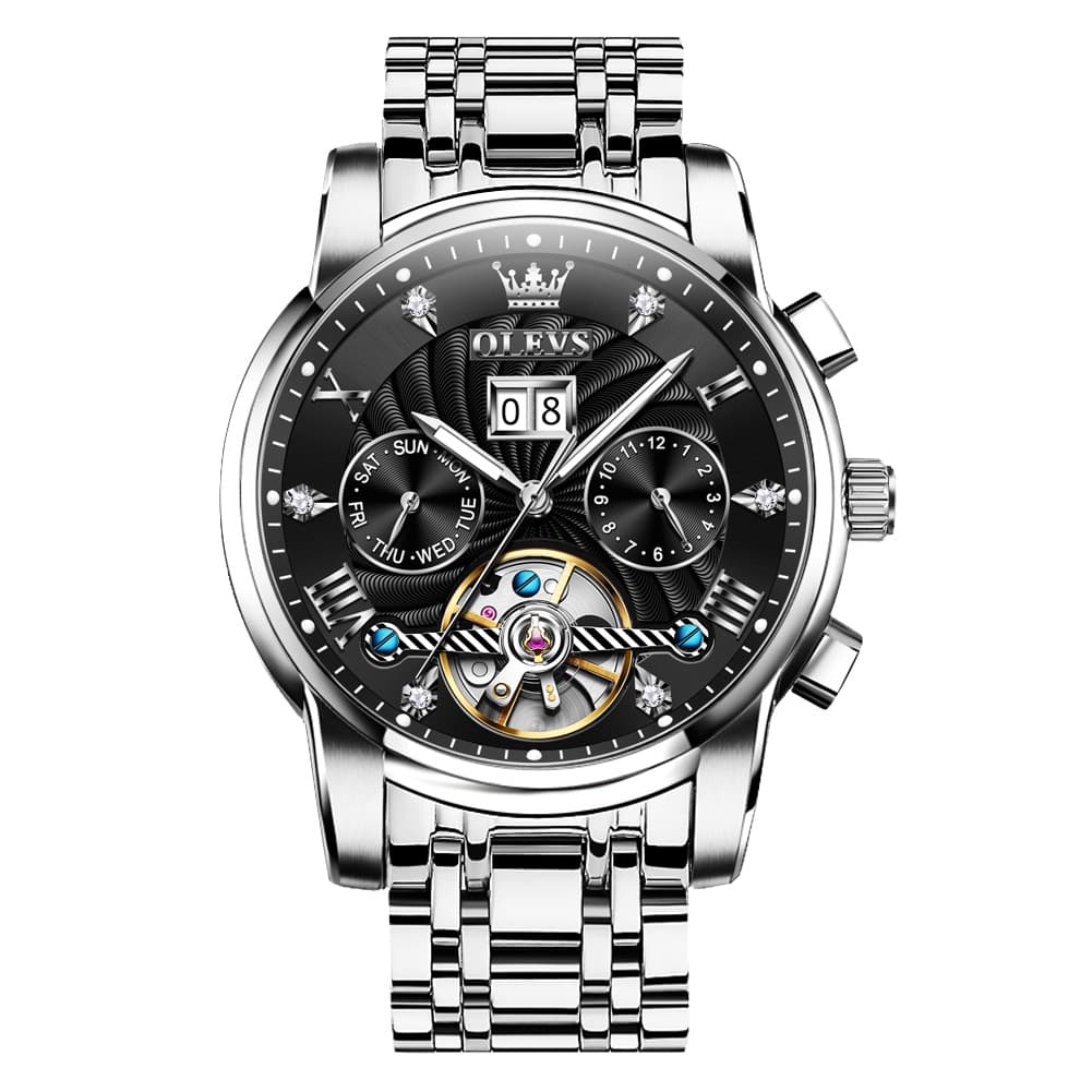 OLEVS Open Heart Multifunction Automatic Mechanical Watch 9910 Big Date for Men - All Black Watch | Olevs Watch Store