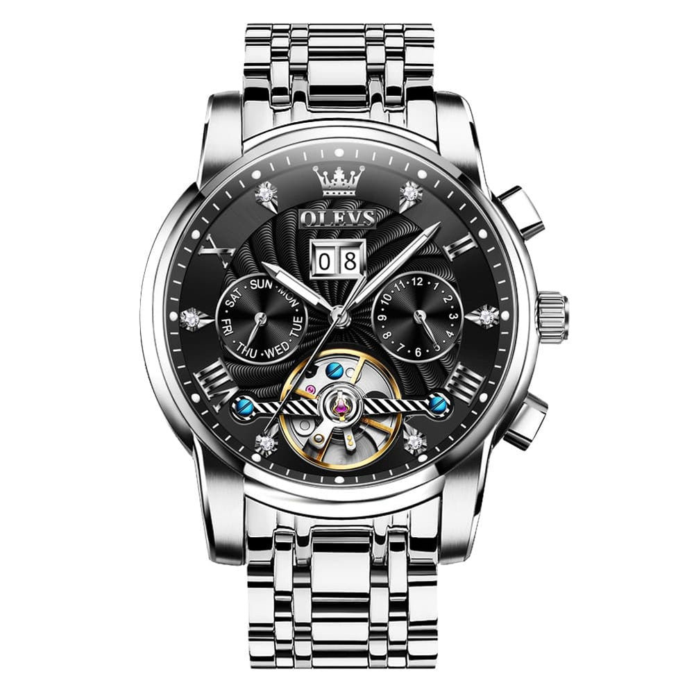 OLEVS Open Heart Multifunction Automatic Mechanical Watch 9910 Big Date for Men - All Black Watch | Olevs Watch Store