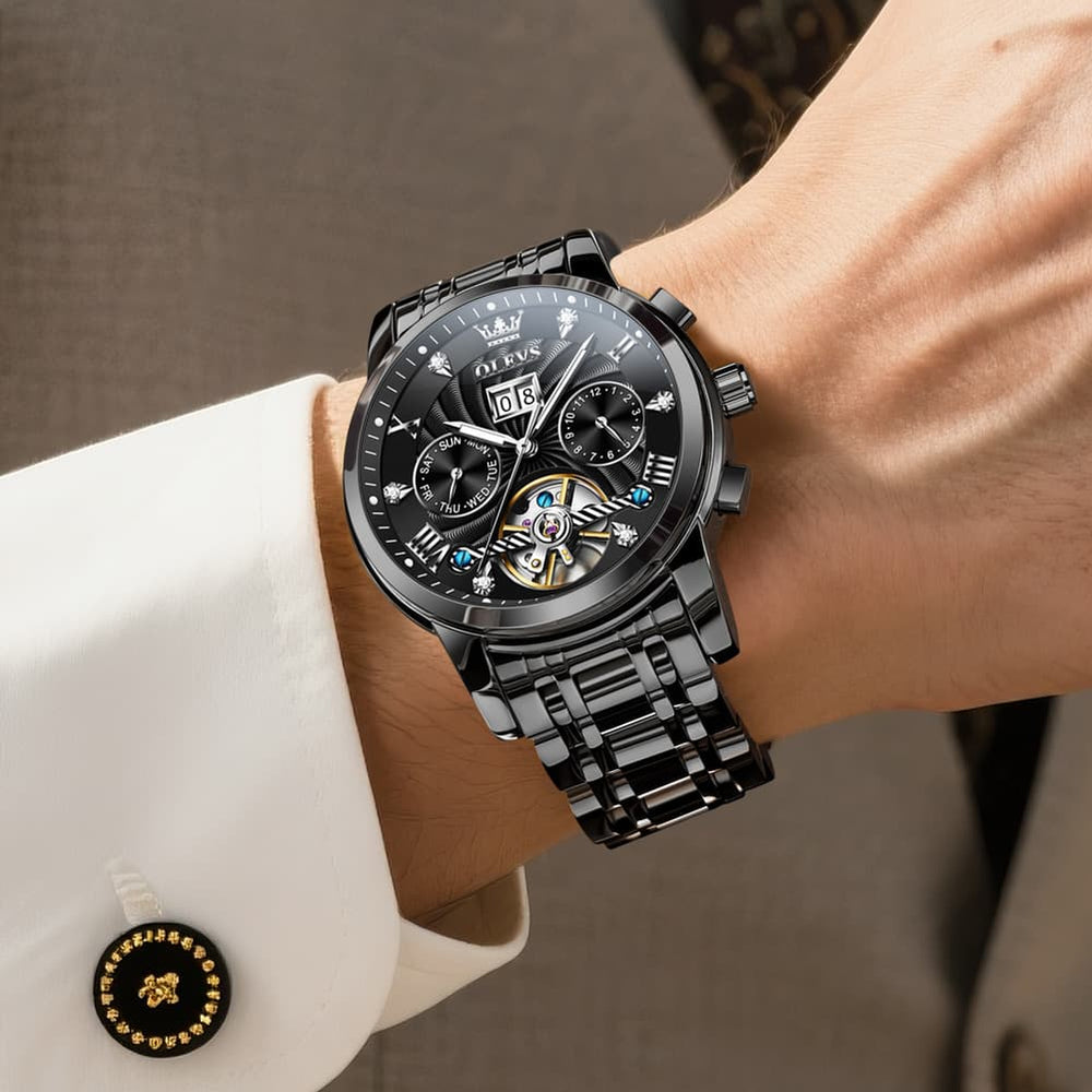 OLEVS Open Heart Multifunction Automatic Mechanical Watch 9910 Big Date for Men - All Black Watch | Olevs Watch Store