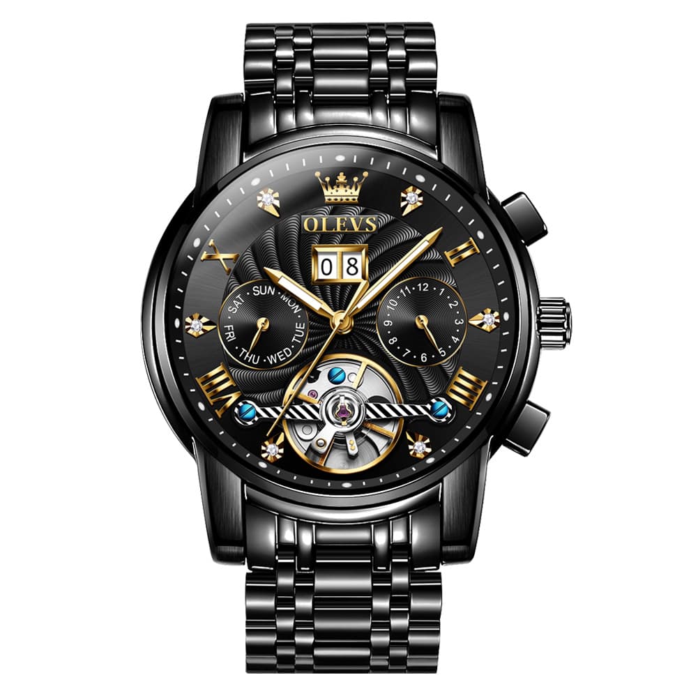 OLEVS Open Heart Multifunction Automatic Mechanical Watch 9910 Big Date for Men - All Black Watch | Olevs Watch Store