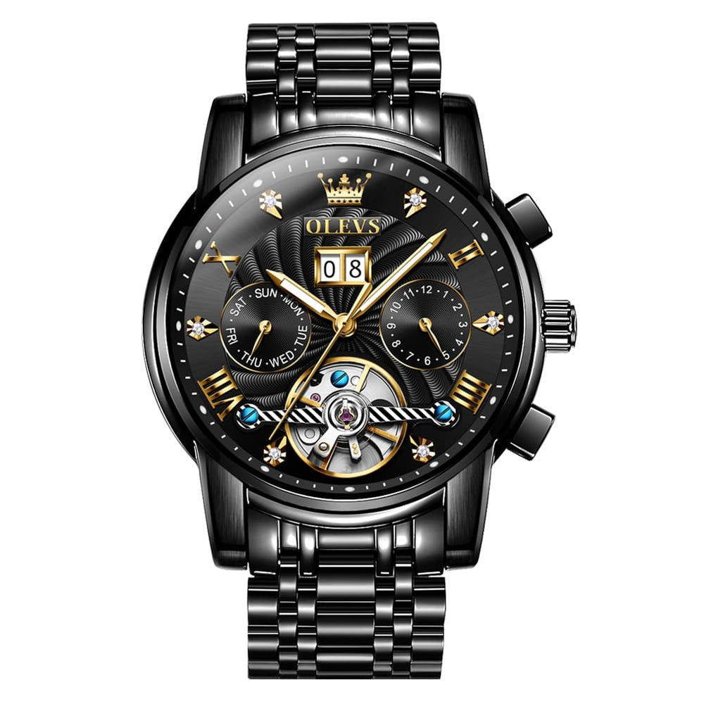 OLEVS Open Heart Multifunction Automatic Mechanical Watch 9910 Big Date for Men - All Black Watch | Olevs Watch Store