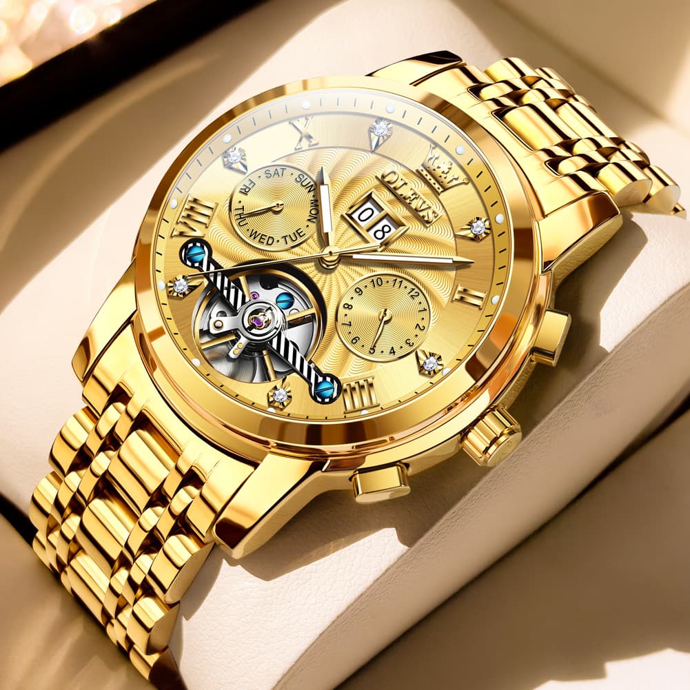 OLEVS Open Heart Multifunction Automatic Mechanical Watch 9910 Big Date for Men - All Gold Watch | Olevs Watch Store