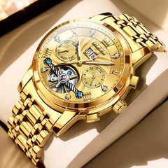 OLEVS Open Heart Multifunction Automatic Mechanical Watch 9910 Big Date for Men - All Gold Watch | Olevs Watch Store