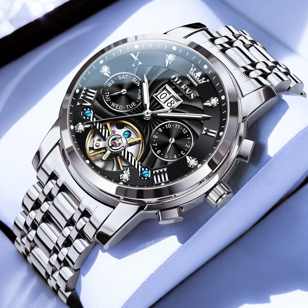 OLEVS Open Heart Multifunction Automatic Mechanical Watch 9910 Big Date for Men - Silver Black Watch | Olevs Watch Store