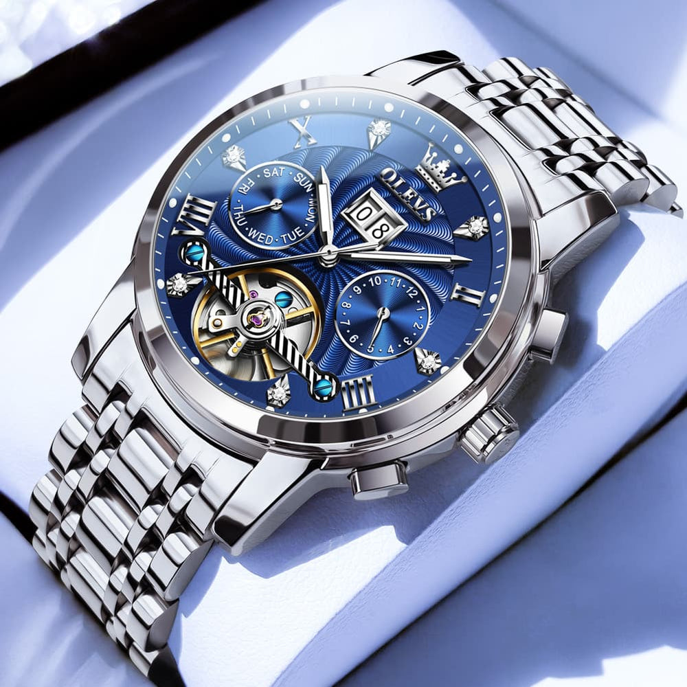 OLEVS Open Heart Multifunction Automatic Mechanical Watch 9910 Big Date for Men - Silver Blue Watch | Olevs Watch Store