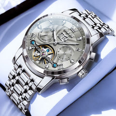 OLEVS Open Heart Multifunction Automatic Mechanical Watch 9910 Big Date for Men - Silver Grey Watch | Olevs Watch Store