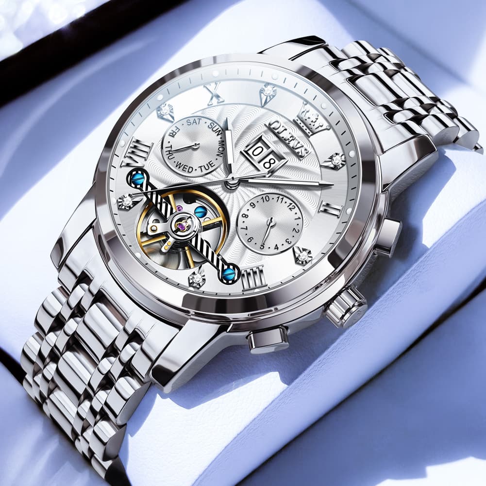 OLEVS Open Heart Multifunction Automatic Mechanical Watch 9910 Big Date for Men - Silver White Watch | Olevs Watch Store